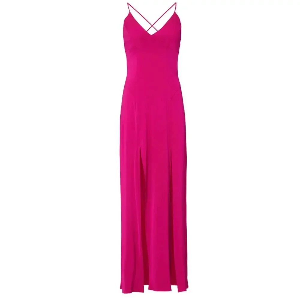 Manning Cartell Pink Satin Maxi Slip Dress Size 4 Barbie Slit Cocktail Gown $500 - Picture 2 of 9